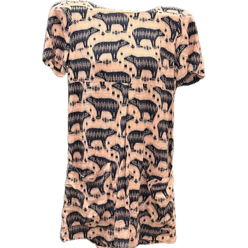 Maeve Anthropologie Polar Bear Ikat Print Dress Peach Navy Blue Pockets Size 4
